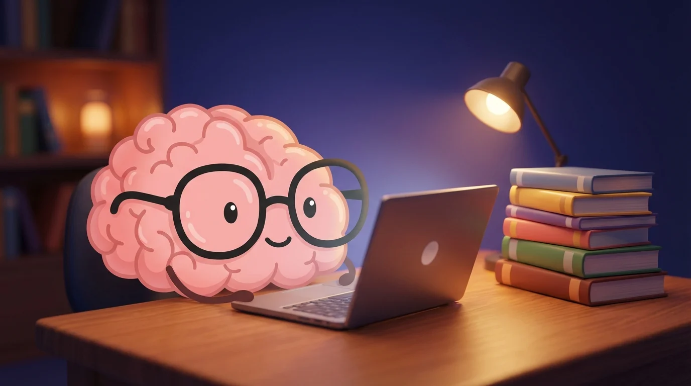 Brain character studying at desk